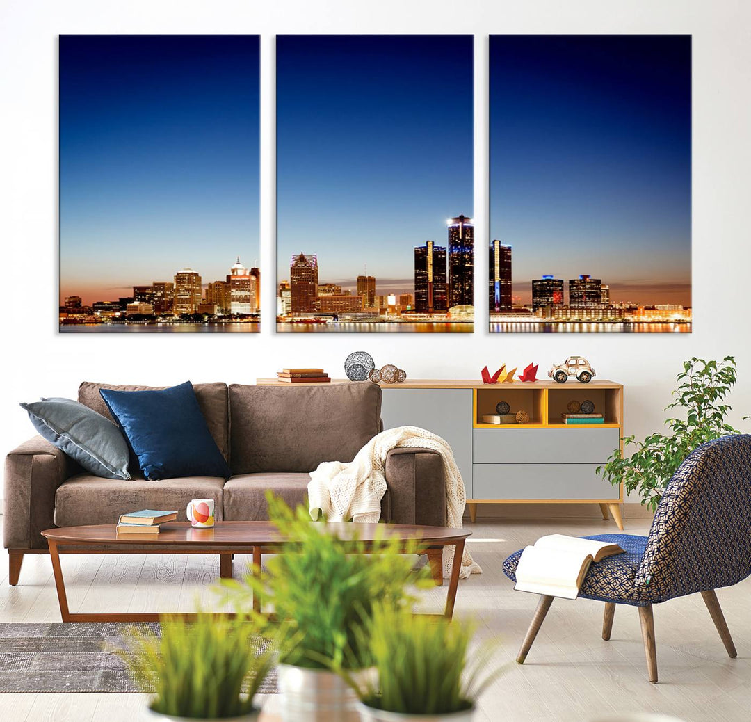 The Detroit City Lights Sunrise Skyline Cityscape View Wall Art Canvas Print adorns the modern living room. Crafted on museum-quality canvas with a UV-protective coating, this piece is ready to hang and elegantly elevates your décor.