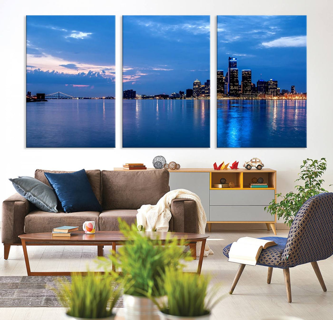 The "Detroit City Lights Night Blue Cloudy Skyline Cityscape View" wall art, displayed on museum-quality canvases, is split into three gallery-wrapped panels.