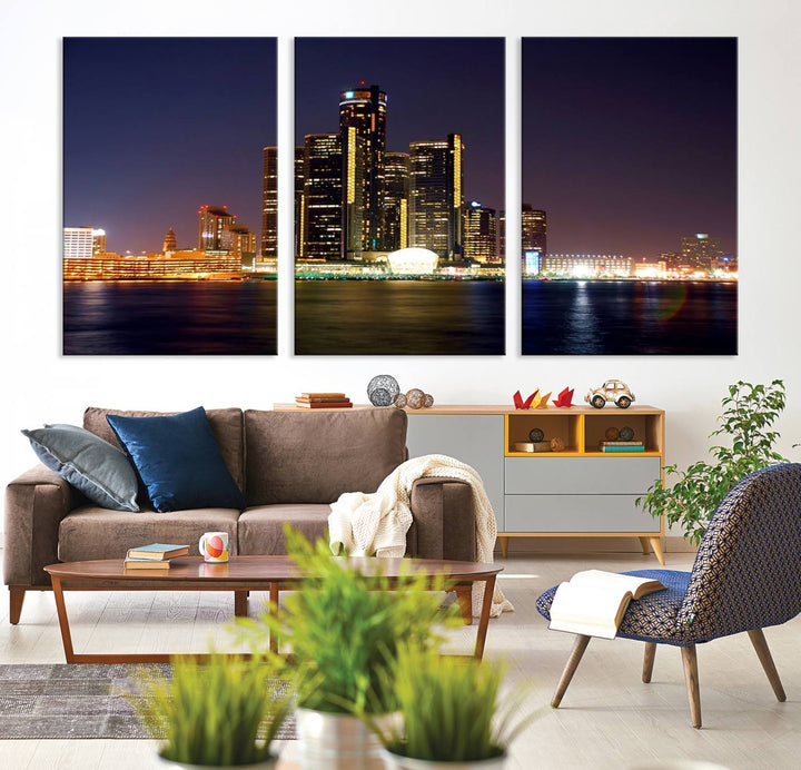 The Detroit City Lights Night Skyline Cityscape View Wall Art Canvas Print, elegantly split into three panels, is made from museum-quality pollycotton and gallery wrapped for a sophisticated touch. It is available with free shipping to effortlessly elevate your space.