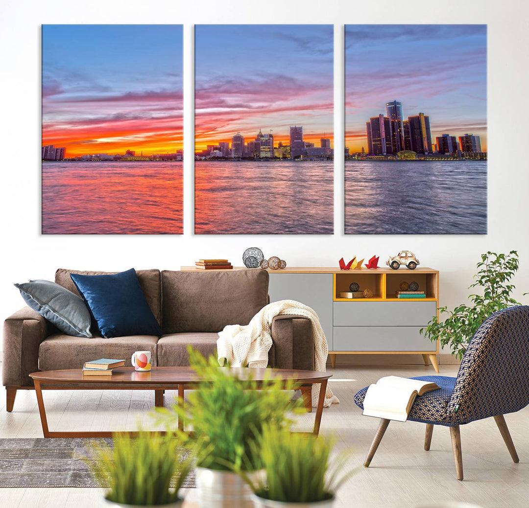 The Detroit City Lights Sunset Colorful Cloudy Skyline Cityscape View Wall Art Canvas Print showcases a vibrant city skyline at sunset over water. The artwork is museum-quality, comes ready to hang, and features a UV-protective coating to preserve its vivid colors.