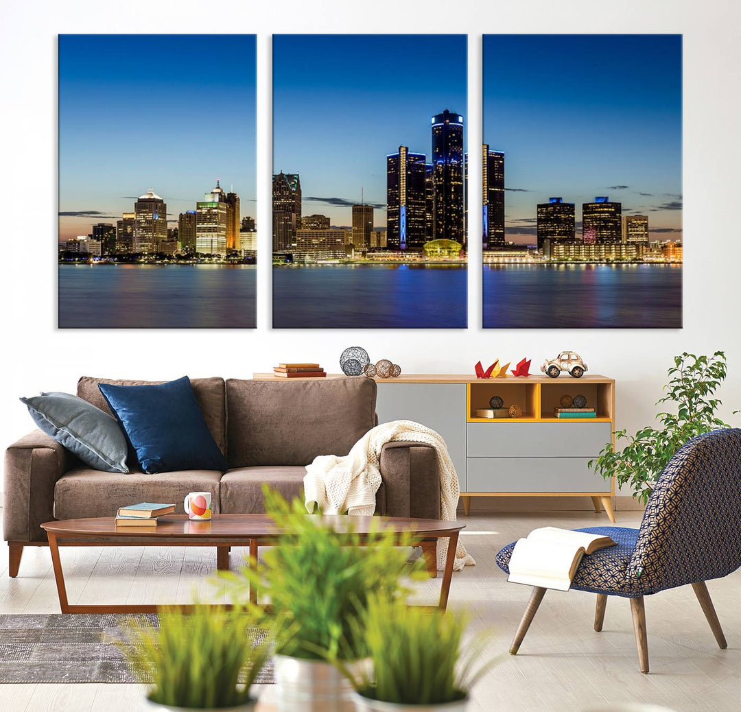 The "Detroit City Lights Sunrise Skyline Cityscape View Wall Art Canvas Print" on the wall is a triptych gallery-wrapped on museum-quality canvas, adding an elegant touch to the space.