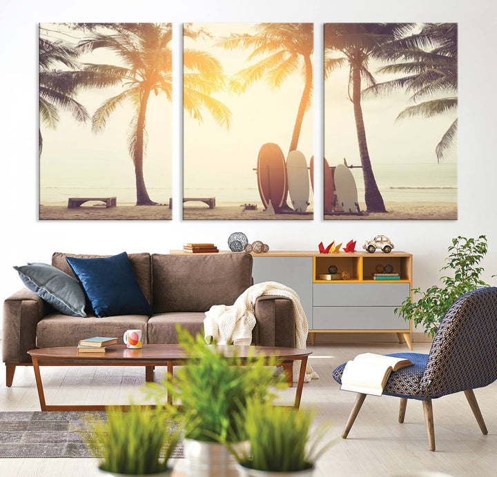 Surfboard and Palm Tree on Beach Double Exposure with Colorful Bokeh Sunset Light Wall Art Canvas