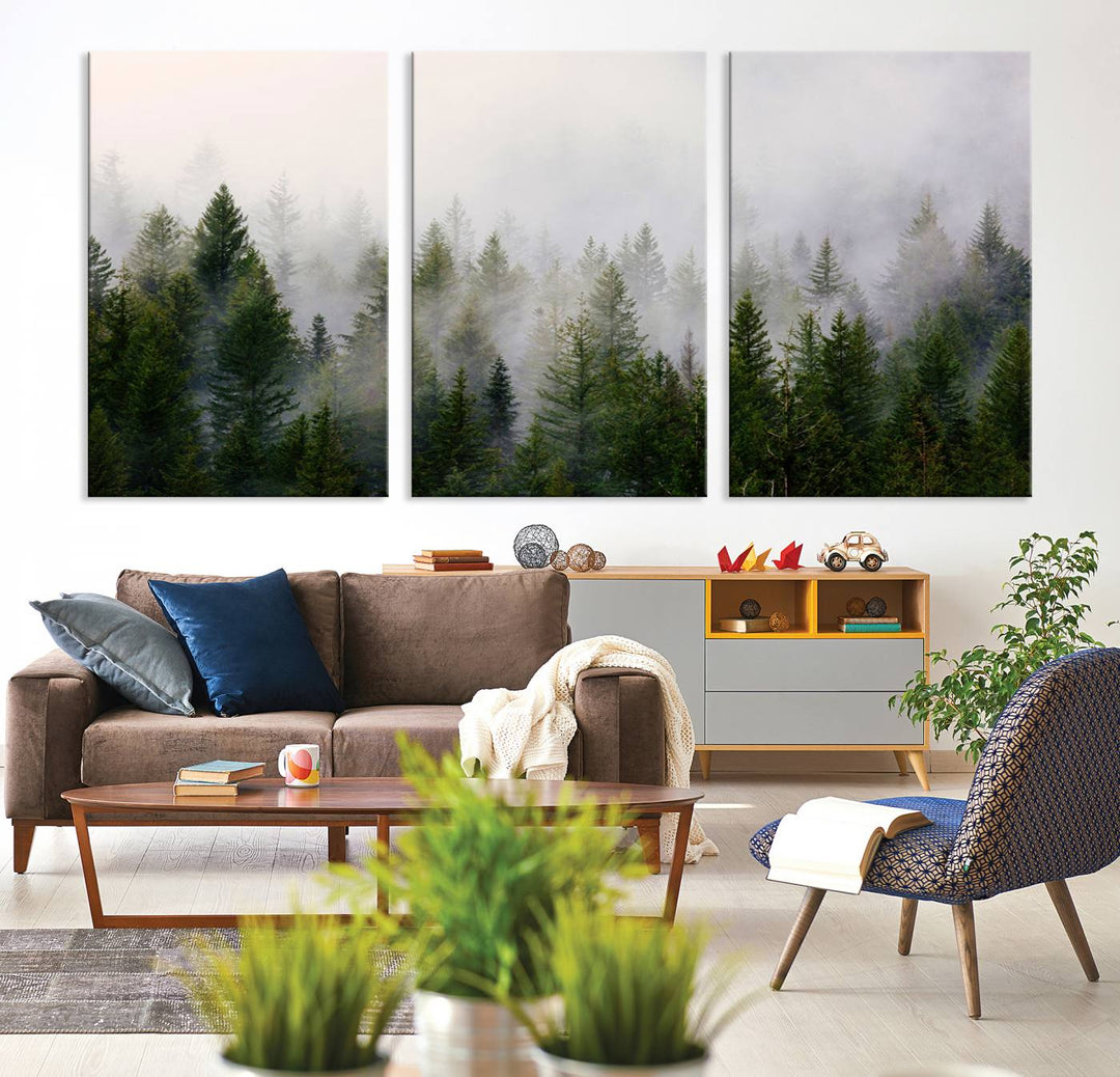 A 3-panel Misty Pine Forest Wall Art Canvas Print, featuring a green woodland scene, adorns the wall.