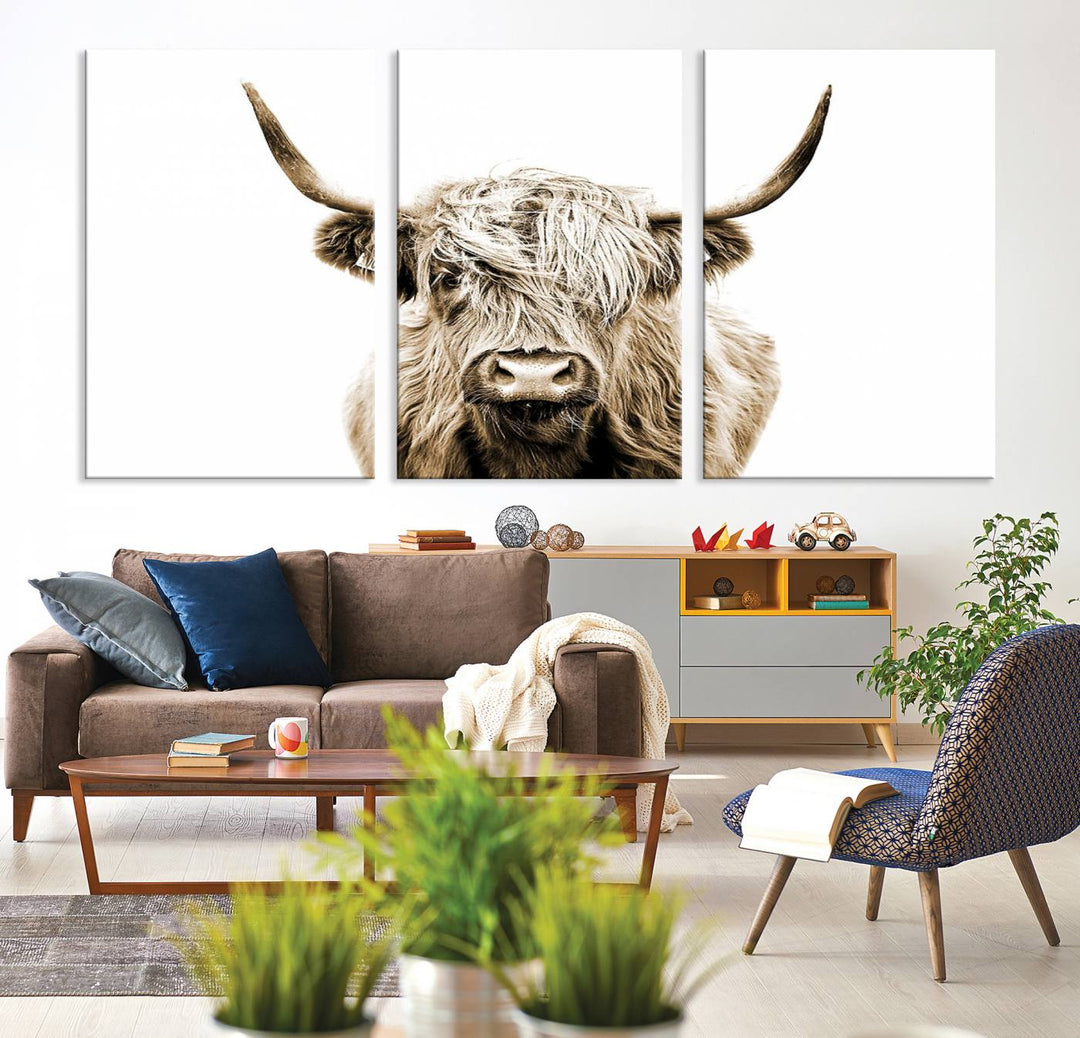 Lienzo de vaca de las Tierras Altas, arte de pared, decoración de granja, vaca, impresión en blanco y negro, decoración de pared rústica, pintura de animales, pared de vaca escocesa