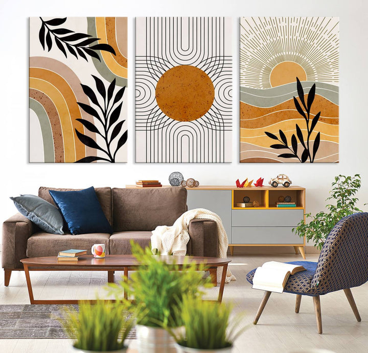 Modern Boho Sun and Leaf Abstract Art – 3-Panel Giclée Canvas for Mid-Century Modern or Bohemian Wall Decor