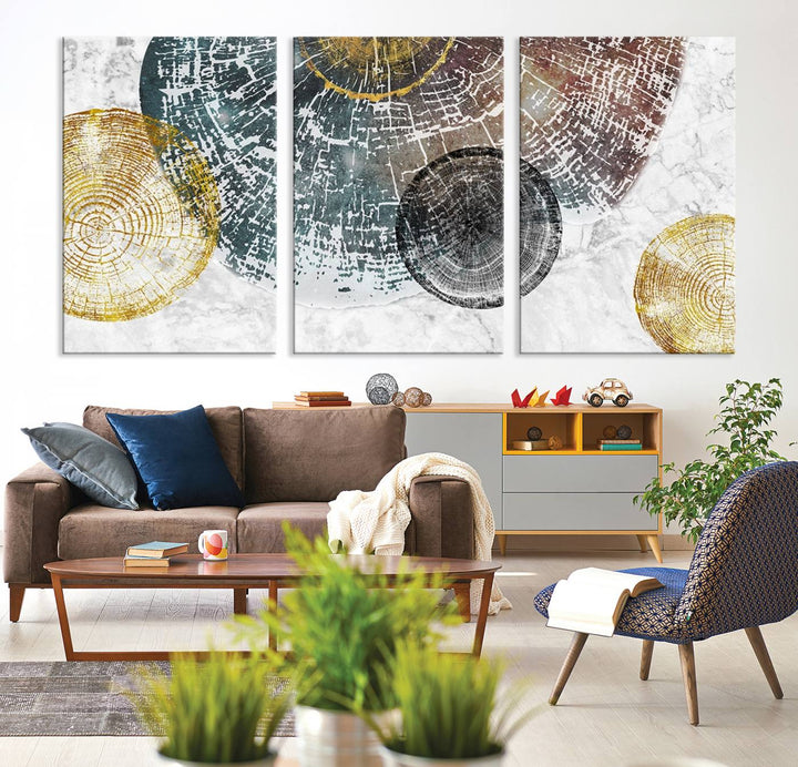 Contemporary living room showcasing the "Wood Lines" 3 Panel Abstract Wall Art Canvas Print displaying museum-quality tree ring art on the wall.