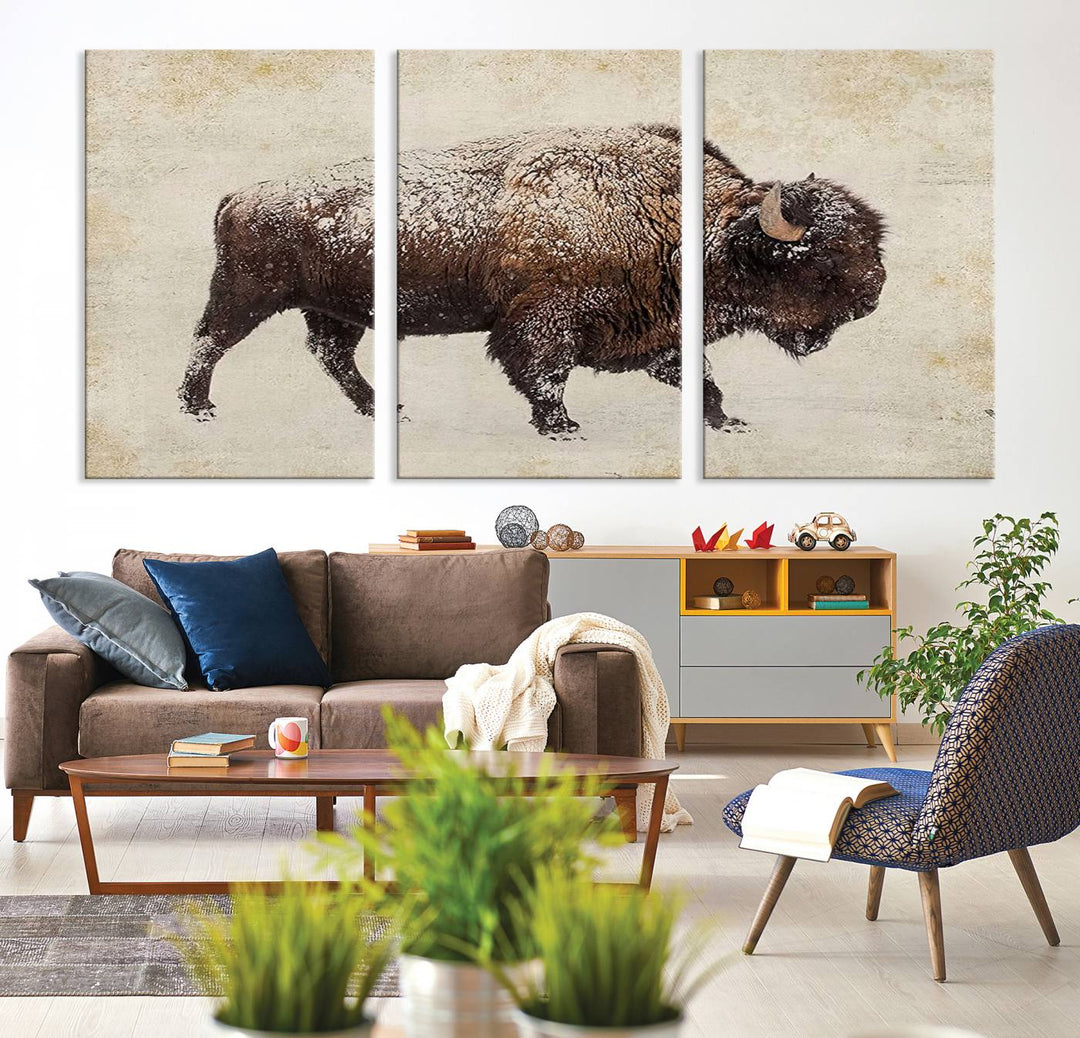 The "Buffalo Wall Art" canvas print, featuring a Western bison, hangs prominently, infusing the space with rustic cowboy and Western decor.