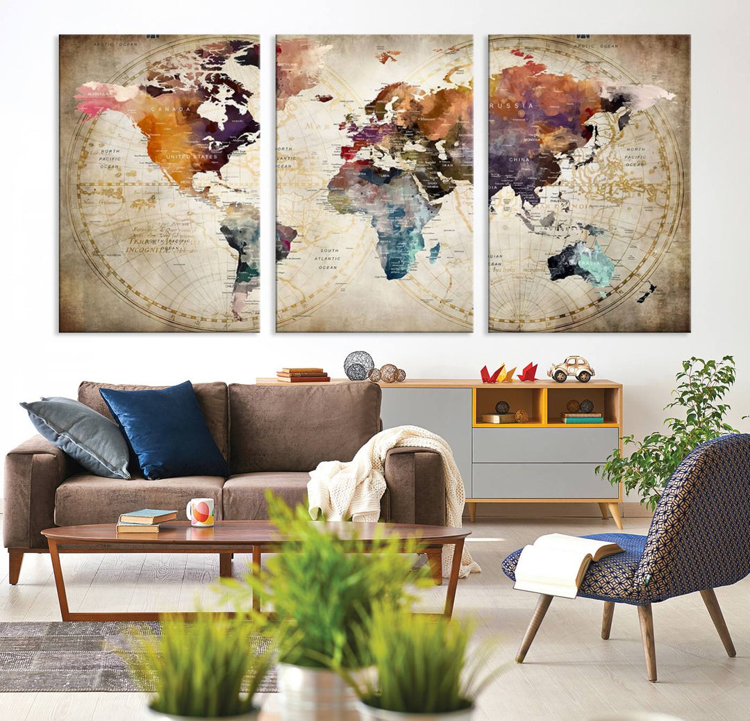 A World Map Wall Art Canvas Print featuring vibrant colors is crafted on museum-quality canvas, adding a touch of elegance to the room.