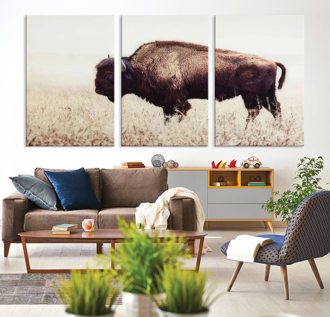 A stylish living room showcases the captivating "Bison in Field" Wall Art Canvas Print as farmhouse decor.