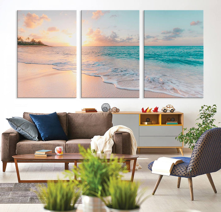 Beach Sunrise Wall Art, Coastal Seascape Canvas Print, Ocean Wave Multi-Panel Giclee, Coastal Sunset Beach Scene for Modern Decor