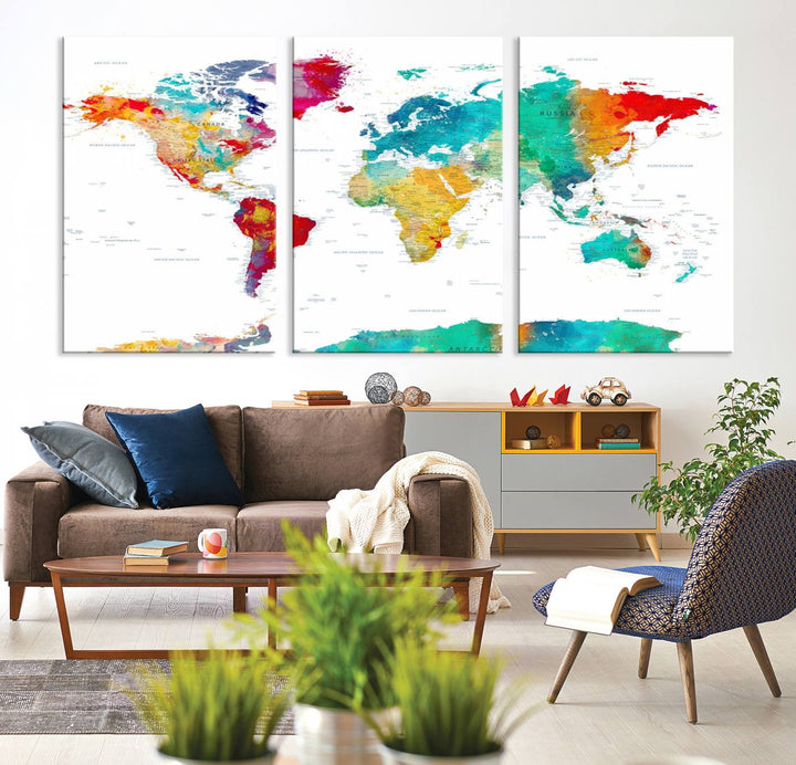 A stunning Colorful World Map Triptych Canvas Print, featuring a ready-to-hang framed design, adds vibrancy and modern flair to the space, effortlessly elevating the entire home décor.