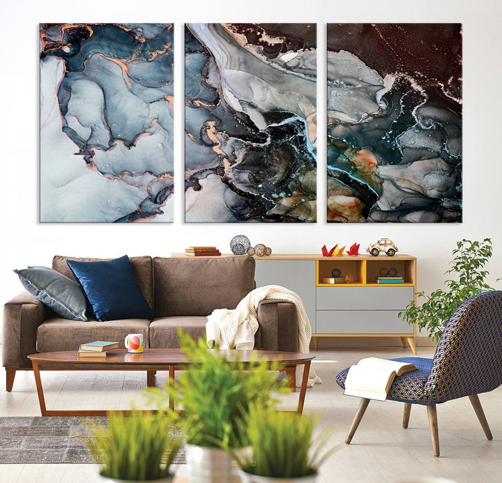 The Mix Color Large Abstract Marble Wall Art Canvas Print is printed on museum-quality canvas. It features a UV-protective coating and is ready to hang, adding elegance to the room.