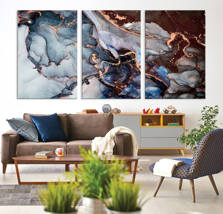 Brown Blue Abstract Marble Wall Art Canvas Print