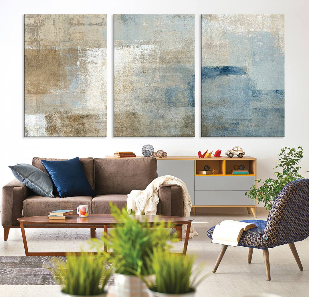 Abstract Blue and Beige Wall Art, Modern Minimalist Canvas Print Set, Giclee Textured Art, Large Multi-Panel Artwork for Living Room