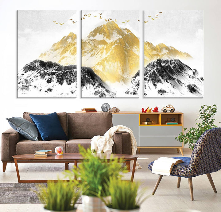 Golden Mountain Triptych Wall Art, Modern Giclee Canvas Print, Nature Landscape Decor for Living Room, Contemporary Gold and Black Wall Art