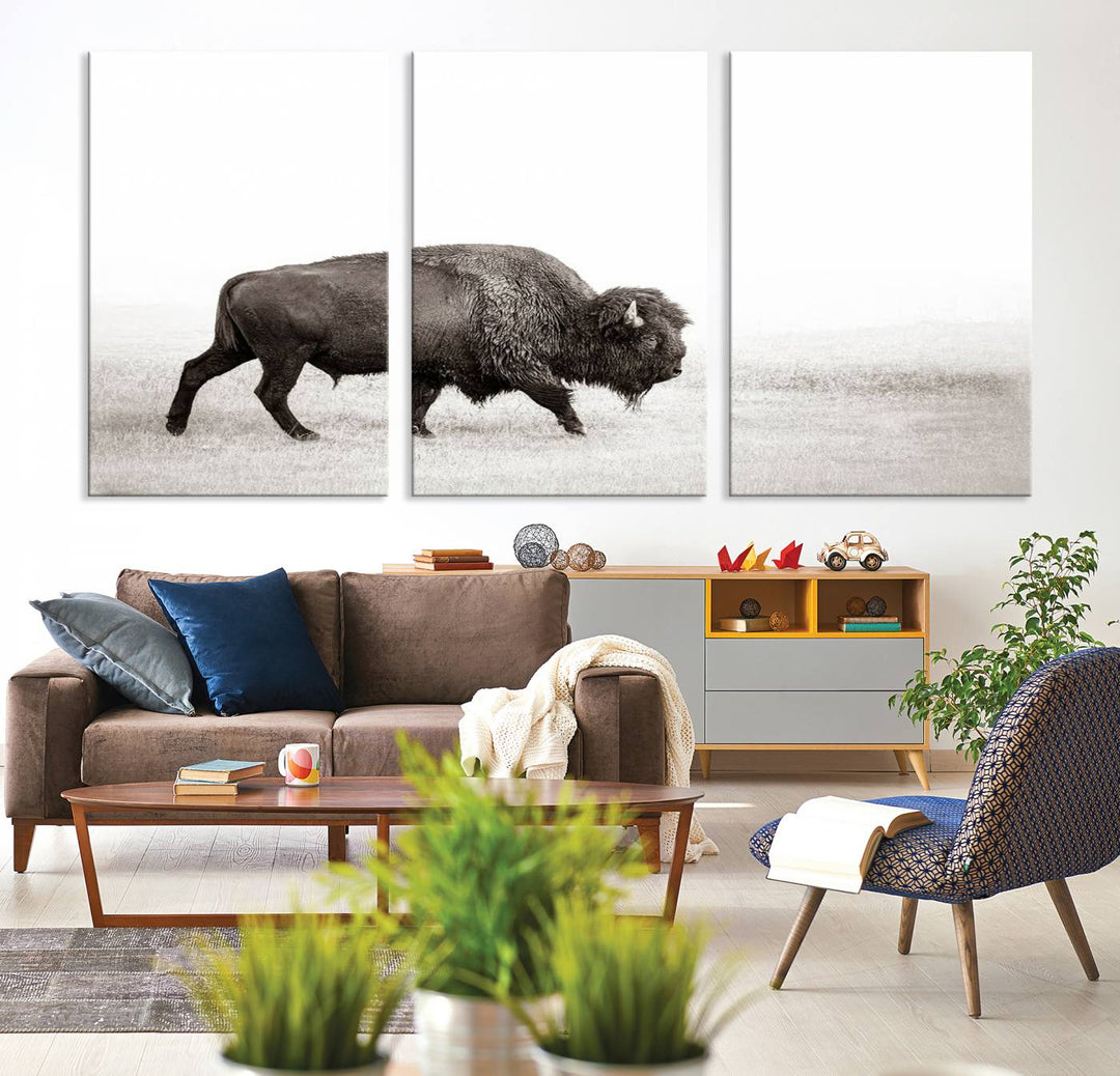 American Bison in Grasslands Triptych Canvas Wall Art – Western-Inspired Nature Decor for Home or Office