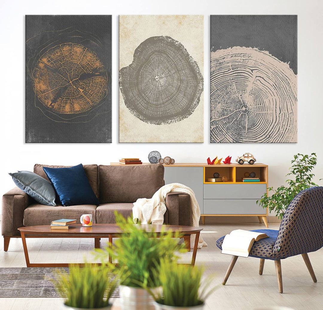 Boho Tree Ring Wall Art, Modern Minimalist Wood Grain Canvas, Tree Slice for Rustic Decor, Farmhouse Decor Giclee Canvas Print, Tree Ring Canvas Set