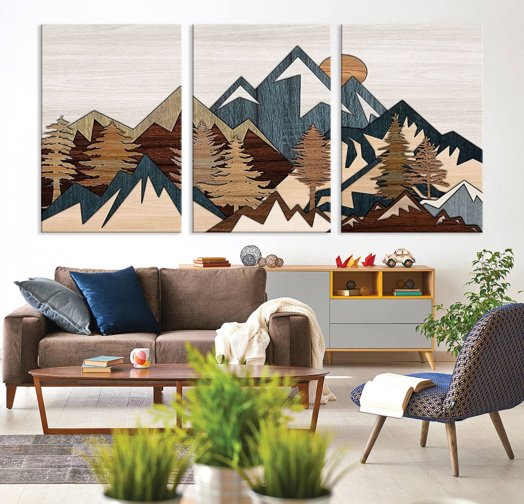 Woodland Mountain Landscape Triptych, Giclee Canvas Art for Modern Home, Rustic Wooden Nature Wall Art, Large Mountain and Tree Canvas for Living Room