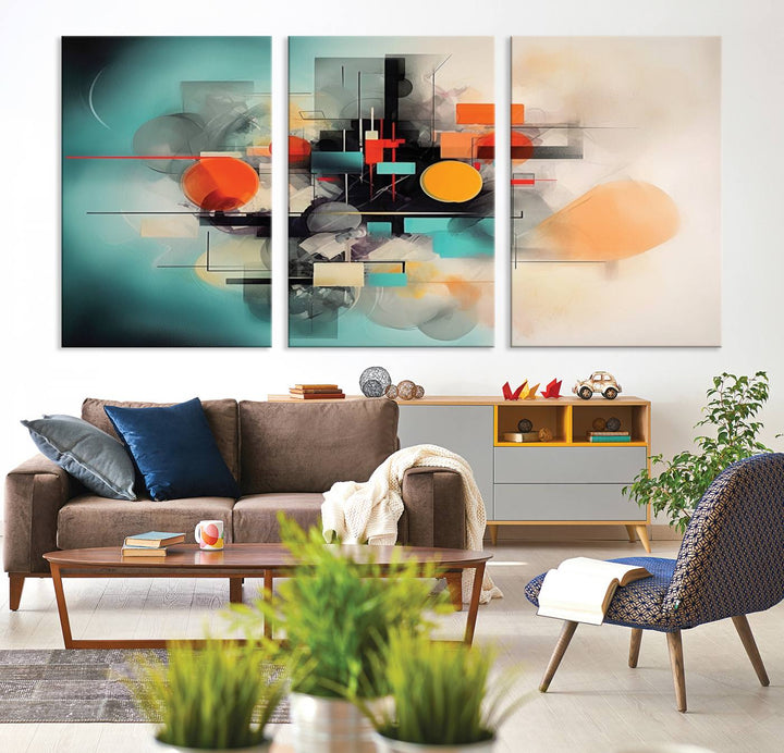 Modern living room featuring a Geometric Colorful Abstract Wall Art Canvas Print.