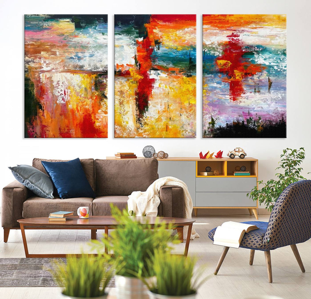 A Colorful Abstract Wall Art Canvas Print graces the wall, making this ready-to-hang masterpiece, complete with UV-protective coating, perfect for elevating any space with its vibrant allure.