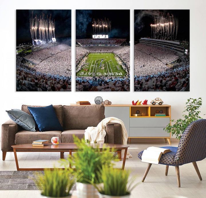 The Penn Stadium Football Wall Art Canvas Print showcases the lively ambiance of a bustling Pennsylvania University football stadium illuminated by fireworks.