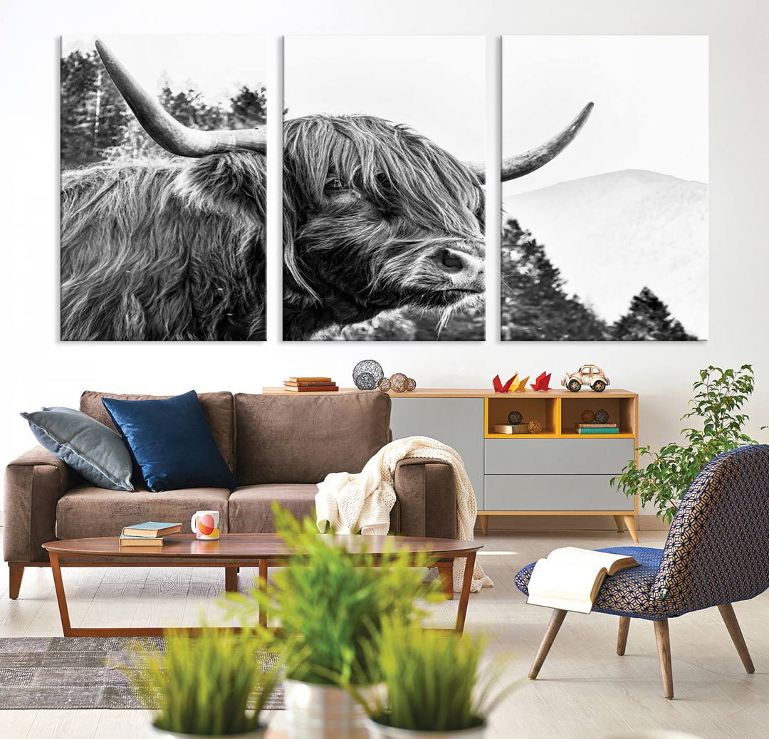 The Scottish Longhorn Wall Art Canvas Print features a highland cow with long horns and shaggy hair displayed on a museum-quality canvas. Equipped with a UV-protective coating for durability, it's ready to hang and enjoy for years to come.