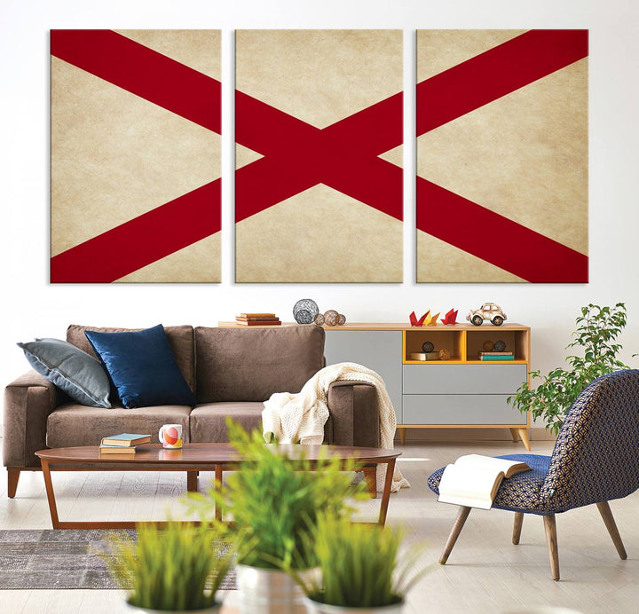 The USA Alabama States Flag Wall Art, featuring a red diagonal cross on a cream background, is elegantly displayed on museum-quality canvas with a UV-protective coating.