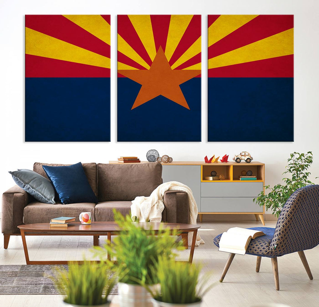 The Arizona States Flag Wall Art Canvas Print, made from museum-quality canvas with a UV-protective coating, is displayed prominently.