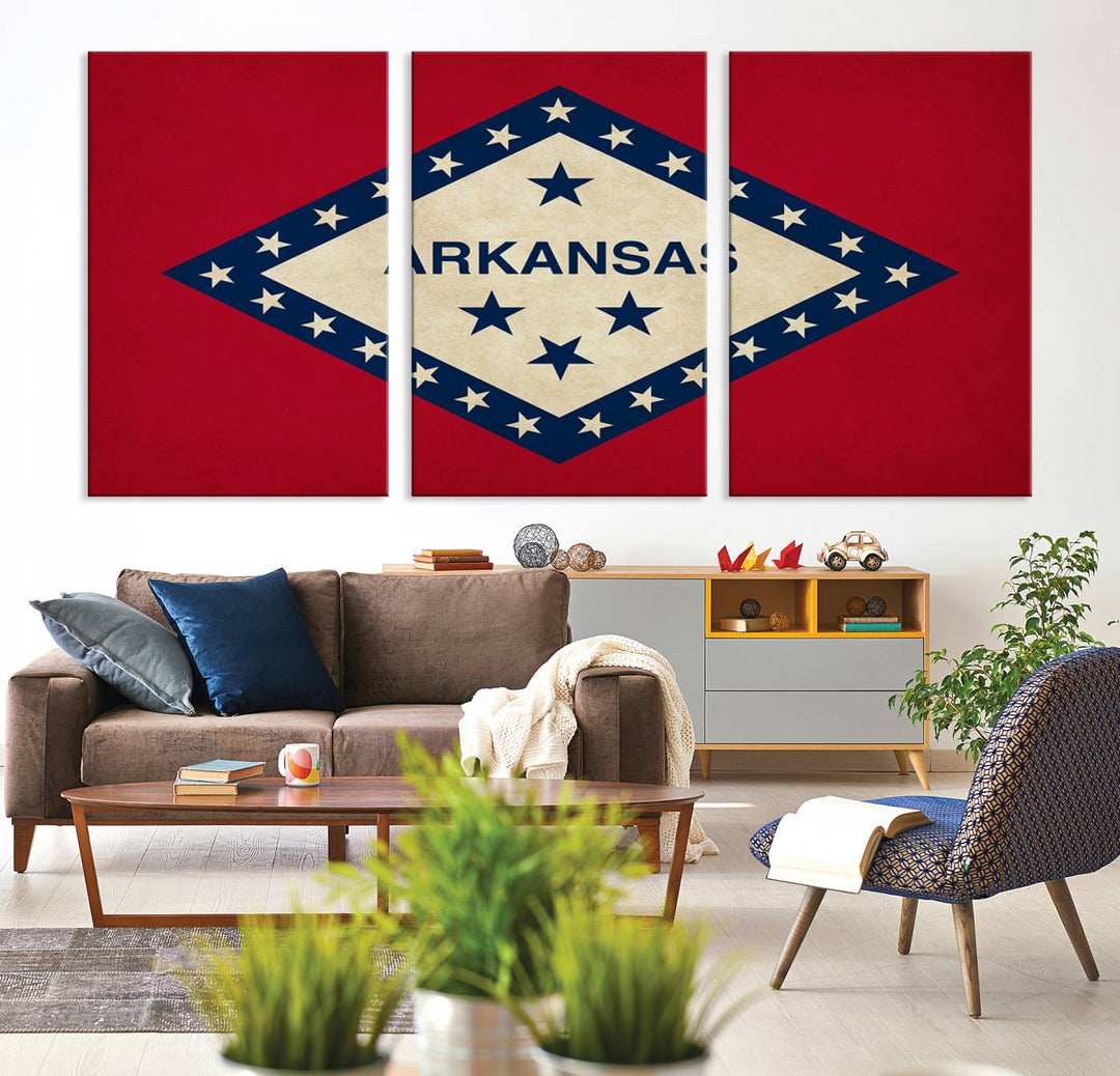 The Arkansas Flag Wall Art Canvas Print is displayed on gallery-wrapped, museum-quality canvases. Its vibrant colors are preserved by a UV-protective coating, ensuring long-lasting brilliance in your living space.