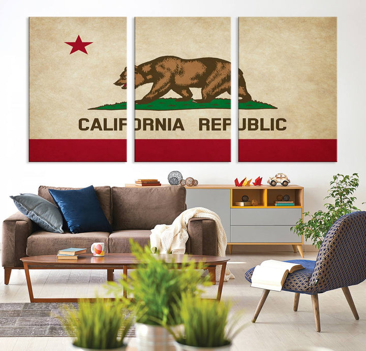 The Calinia States Flag Wall Art Canvas Print, featuring a bear and star design reminiscent of the California Republic flag, is crafted on museum-quality polycotton canvas with a UV-protective coating and is proudly made in the USA.