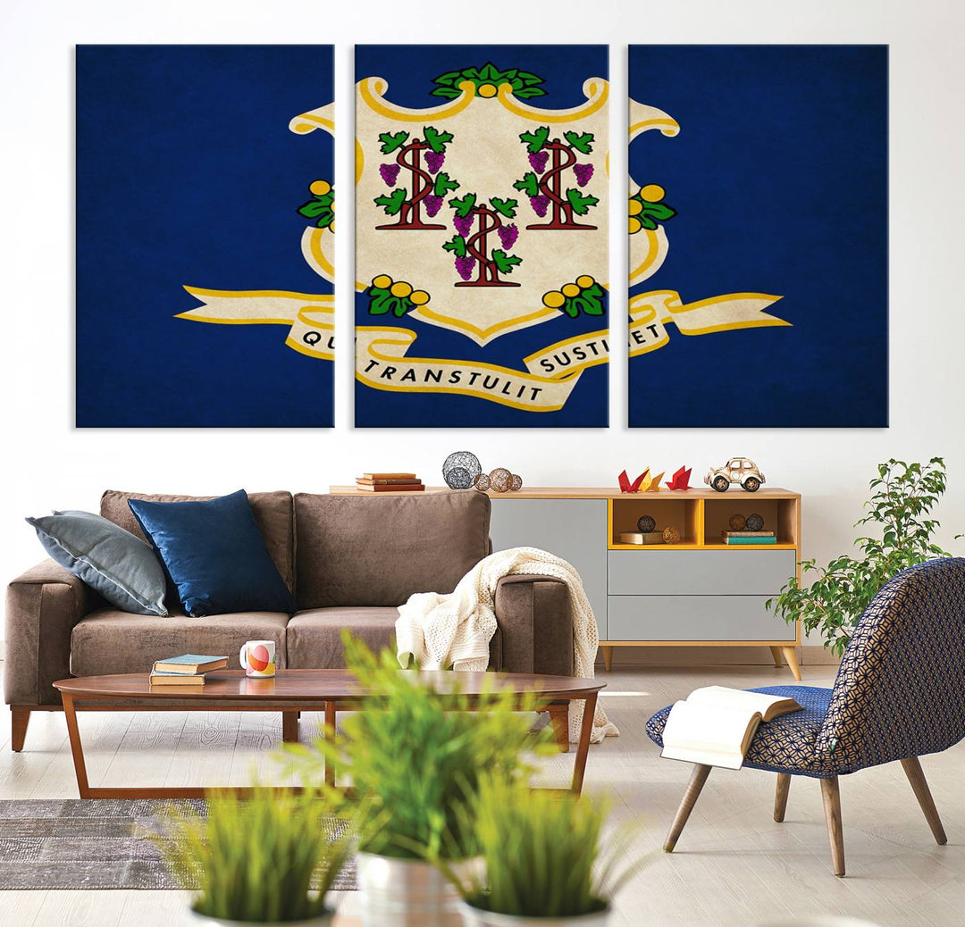 A "Size Connecticut States Flag Wall Art Canvas Print" hangs on the wall, its vibrancy preserved by a UV-protective coating.