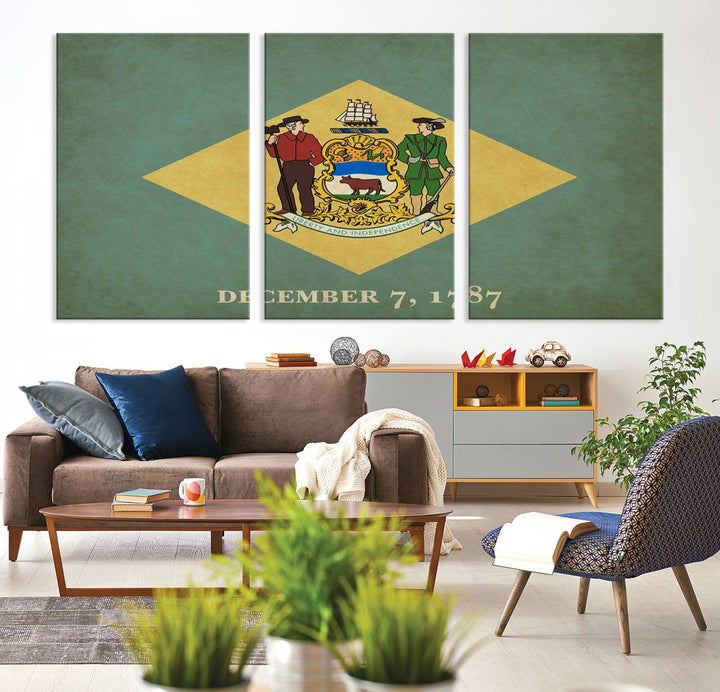 The Delaware States Flag Wall Art Canvas Print, featuring museum-quality material and a UV-protective coating, hangs elegantly, ready to be admired.