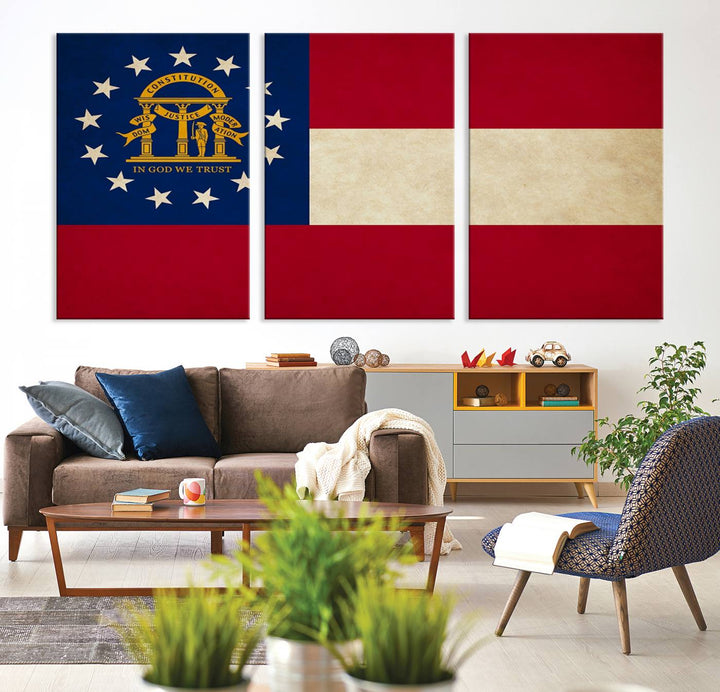 The Georgia States Flag Wall Art Canvas Print, coated with UV protection to preserve its vibrant colors, hangs on the wall.