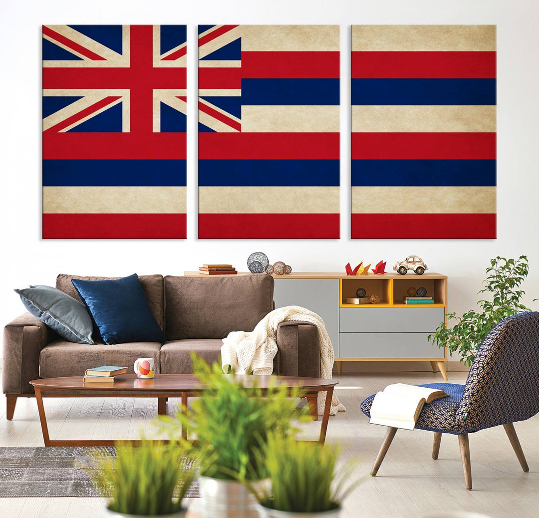 A stunning piece titled "Hawaii USA States Flag Wall Art Canvas Print" adorns the wall. This gallery-wrapped artwork is printed on museum-quality canvas and features a UV-protective coating, ensuring its vibrant colors remain timelessly beautiful.