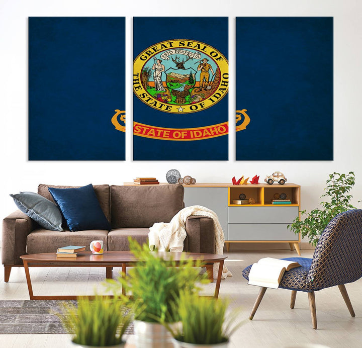 The Idaho USA States Flag Wall Art Canvas Print, featuring a UV-protective coating for lasting vibrancy, is ready to hang.