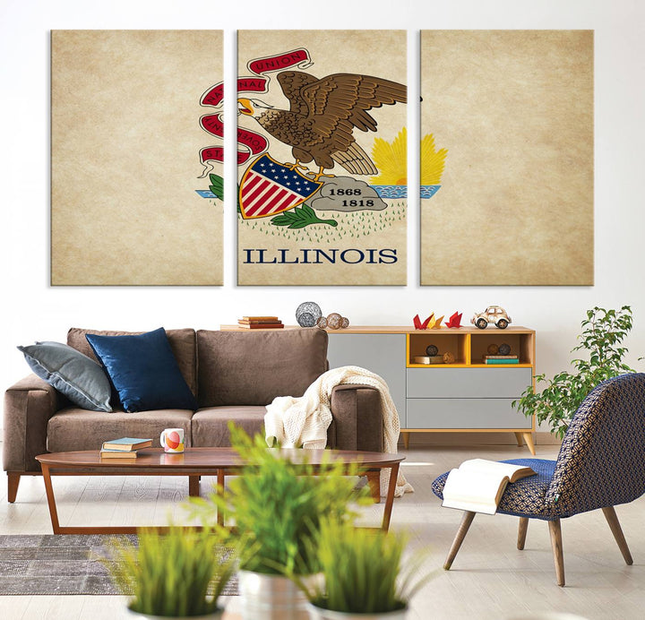 The Illinois State Flag Wall Art Canvas Print, crafted on museum-quality canvas with a UV-protective coating, is displayed prominently.