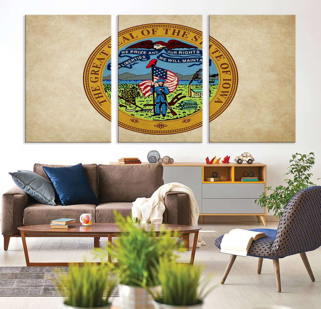 The Iowa USA States Flag Wall Art Canvas Print, beautifully hand-assembled in a framed, museum-quality canvas, is displayed on the wall.