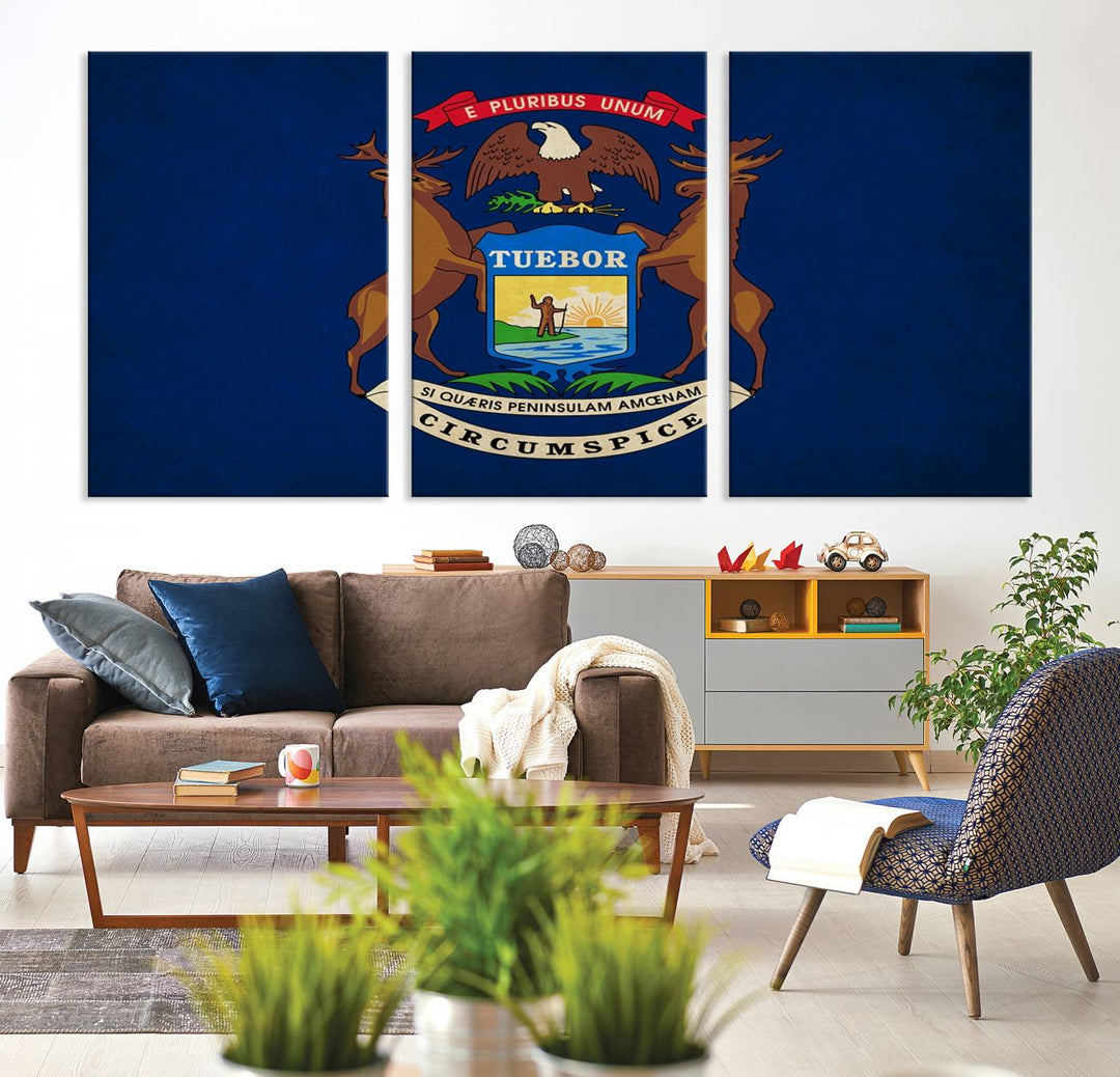 A piece of Michigan State Flag Wall Art on museum-quality canvas features a UV-protective coating to maintain its vibrant colors.