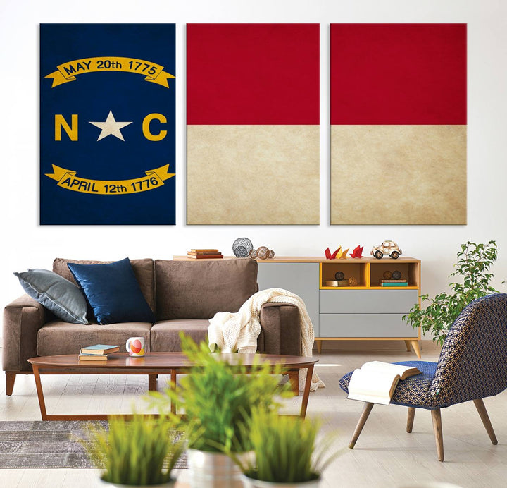 A museum-quality North Carolina State Flag Wall Art Canvas Print graces the wall, adding charm and character to any living space. Enjoy free shipping on this timeless piece.