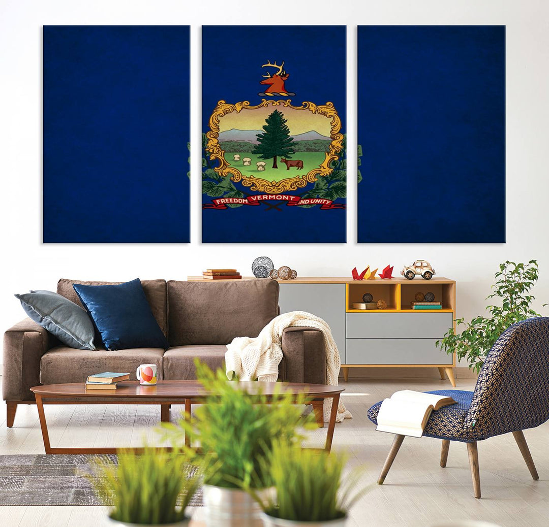 The Vermont Flag Wall Art Canvas Print is a museum-quality piece enhanced with UV-protective finishes, offering both style and durability. Enjoy free shipping on this classic decor addition.