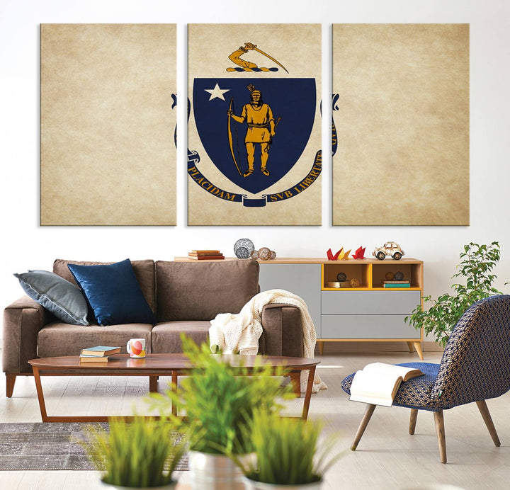 The Massachusetts State of Flag Wall Art Canvas Print, handcrafted on a museum-quality canvas with UV-protective coating, decorates the wall. It is ready to hang and adds a touch of elegance to the space.