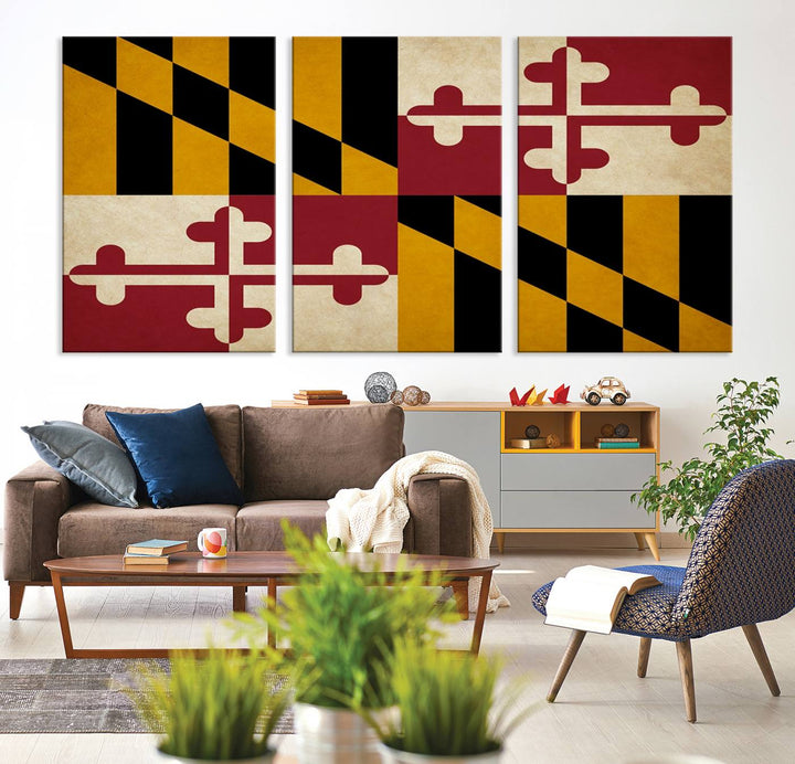 The Maryland Flag Wall Art Canvas Print, boasting a UV-protective coating for vibrant colors and durability, is a museum-quality piece offered with free shipping, making it the perfect addition to your space.