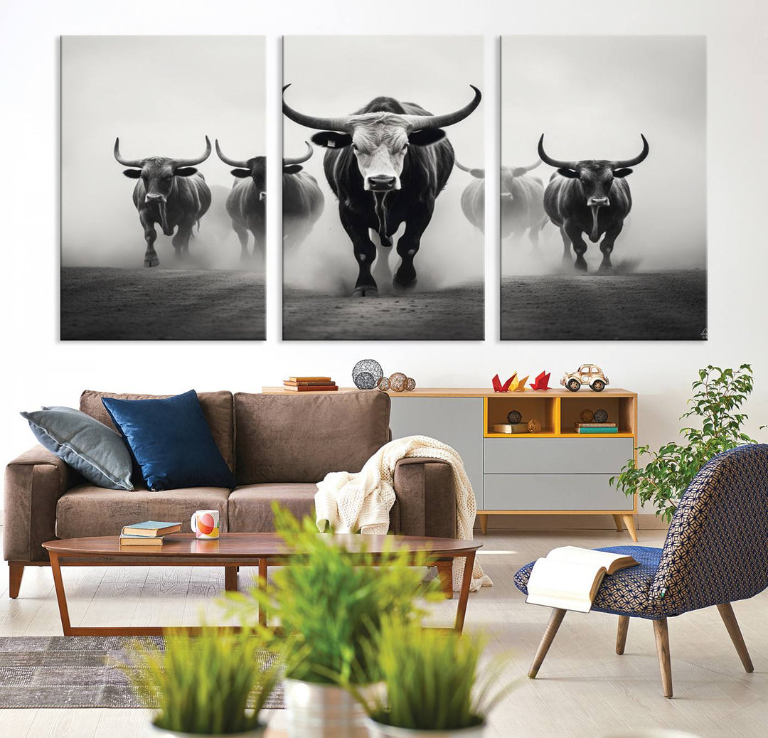 The Texas Longhorn Cow Animal Wall Art Canvas Print beautifully embellishes the area with its depiction of longhorn cattle in a misty setting, seamlessly integrating Western decor into the space.