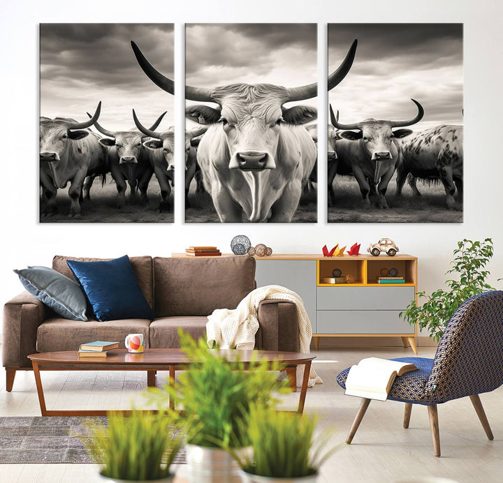 A Texas Longhorn Cow Animal Wall Art Canvas Print introduces a Western-themed accent.