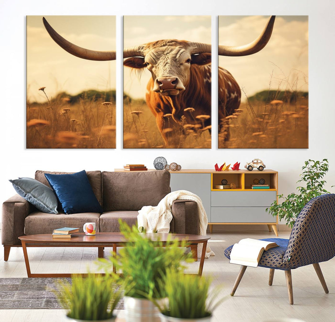 Cow Bighorn Wall Art Canvas Print, Longhorn Texas Cow Animal Canvas Print