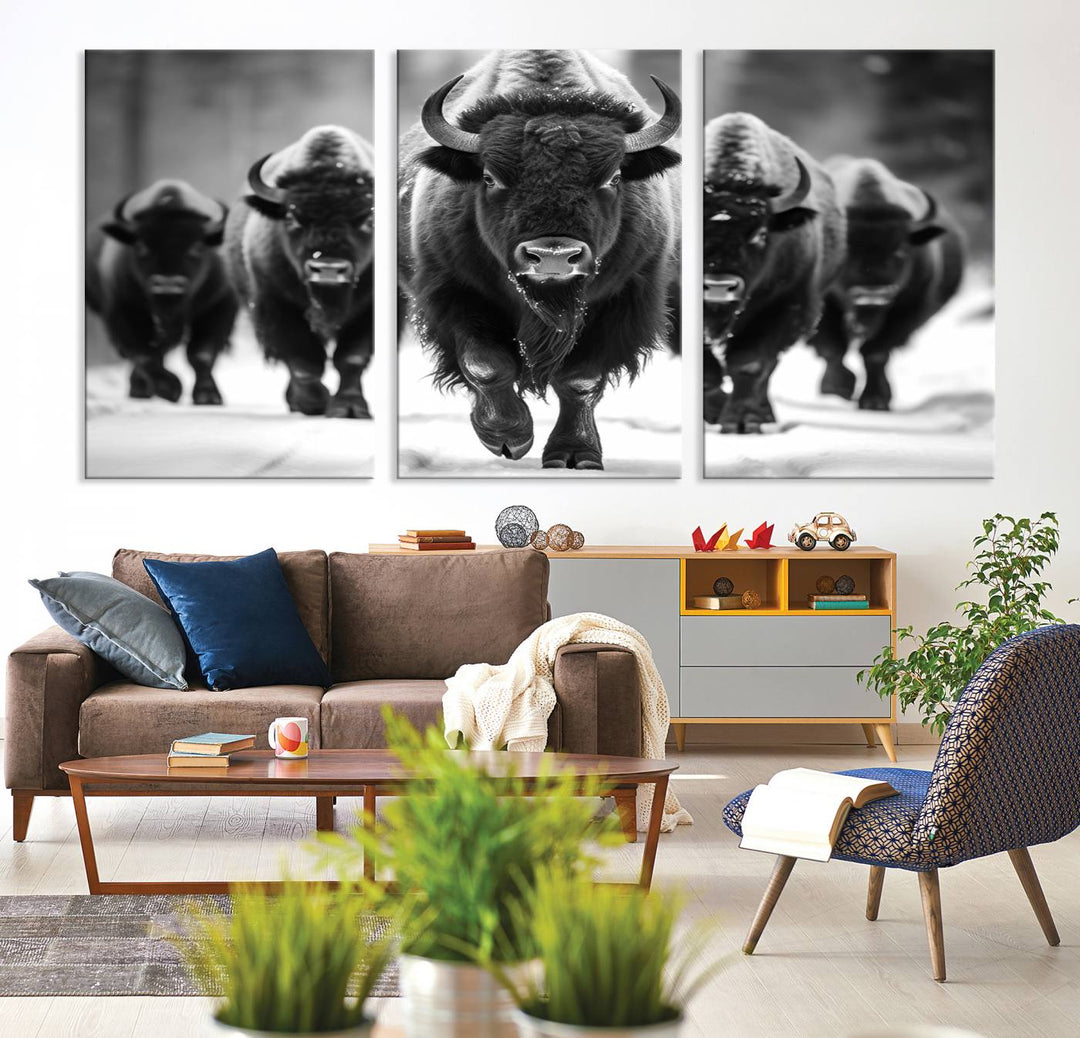 A modern living room features a striking black-and-white American Bison Art | Buffalo Herd Wall Art Canvas Print on the wall.