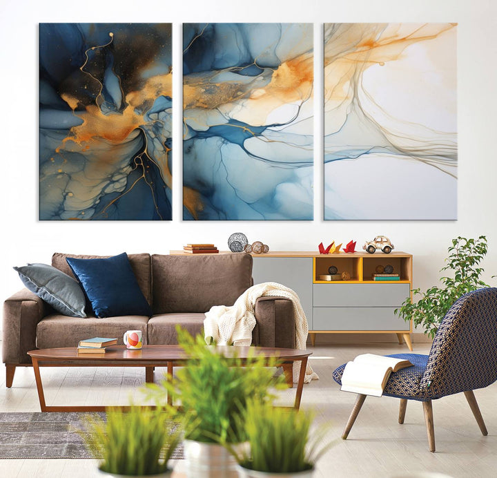 Art mural abstrait bleu marine orange, impression abstraite, impression sur toile abstraite