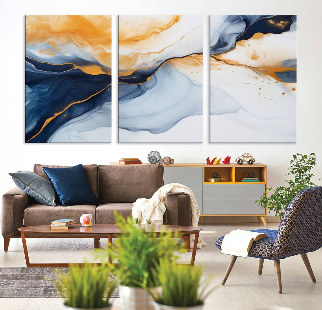 Modern living room featuring the 'Extra Large Orange Navy Blue Abstract Wall Art Canvas Print.'