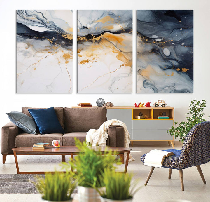 The Dark Blue and Orange Abstract Wall Art, featuring museum-quality canvas with captivating dark and golden swirls, is ready to hang and boasts a UV-protective coating to ensure enduring vibrancy and sophistication.