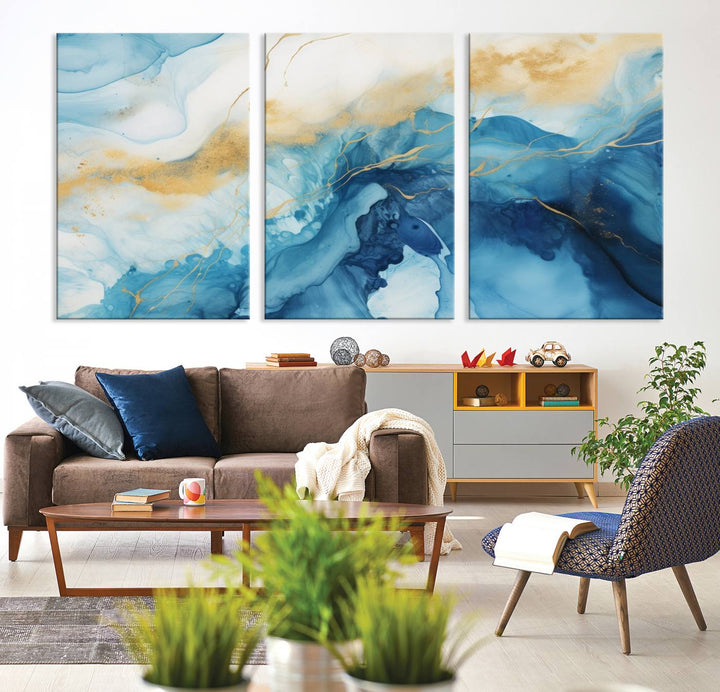 Blue and Gold Abstract Canvas Wall Art Print – Contemporary Fluid Design with Luxe Marble Effect – Ready to Hang